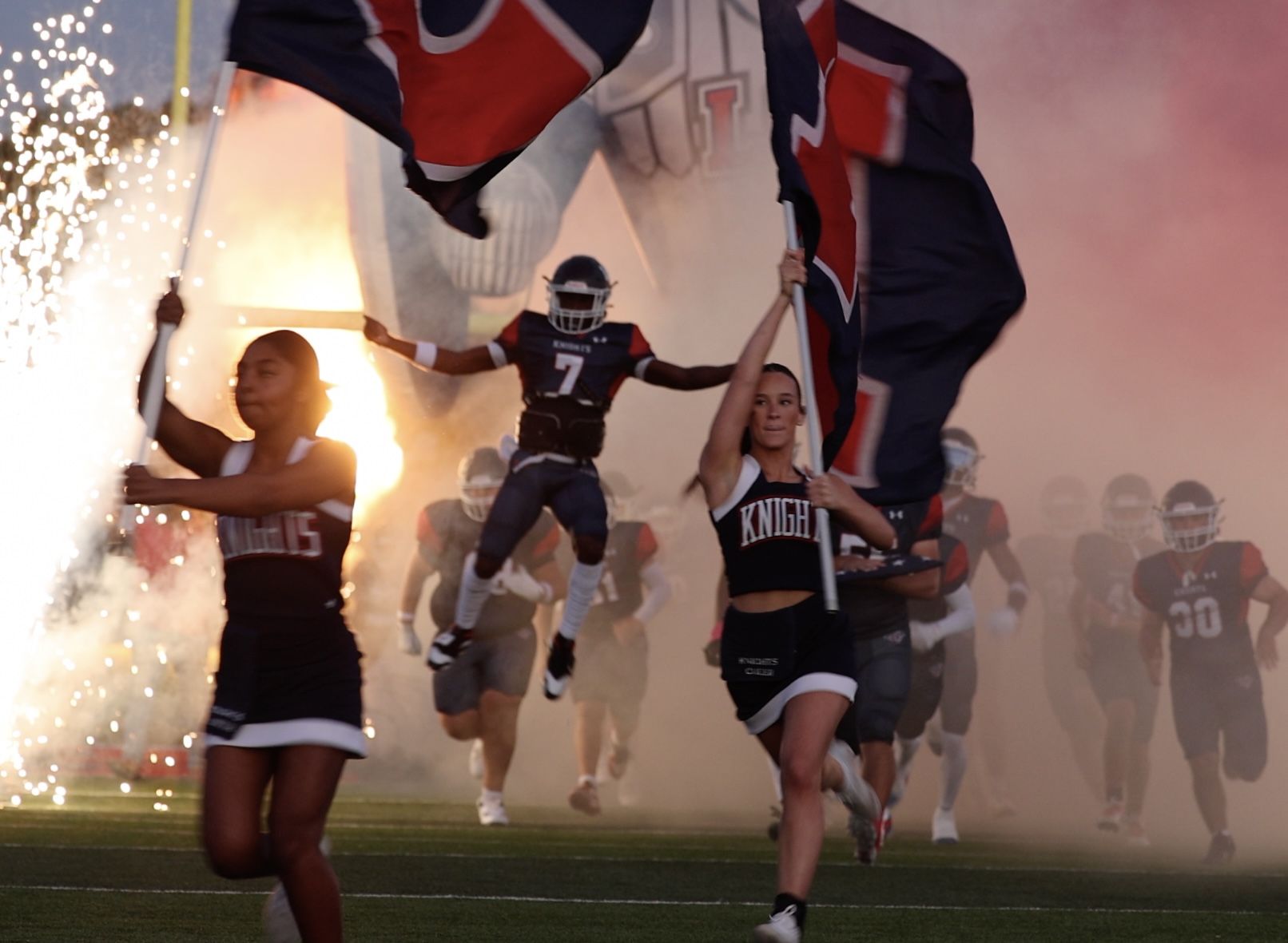 Knights running onto the field